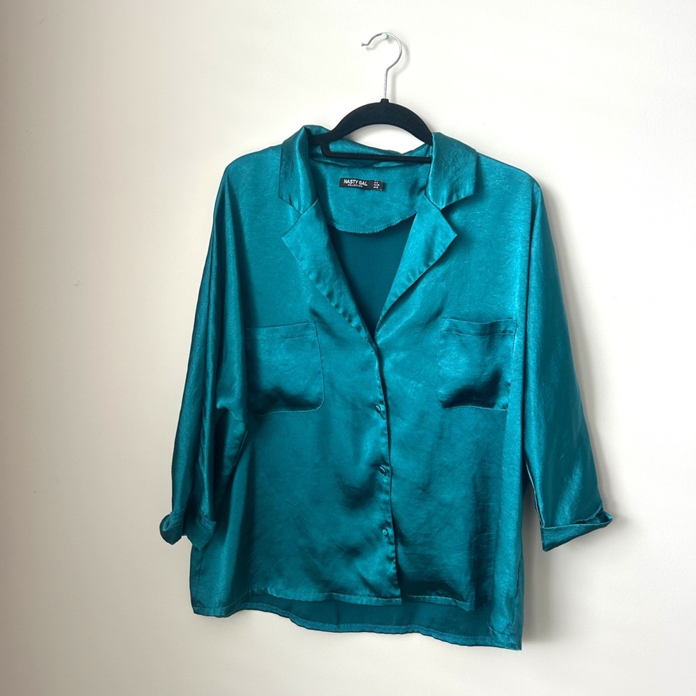 Nasty Gal Teal Satin Button-Down Shirt